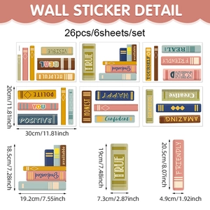 Detailed layout showing 26 school bookshelf wall stickers with precise size measurements