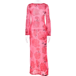 Detail of sheer pink mesh fabric featuring vintage red rose floral print and long sleeves
