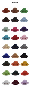 Grid view showcasing 30 varied colors of thick wool fedora hats with leather belts