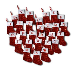 Mini red sequin Christmas stockings with white plush cuffs and embroidered letters A-Z