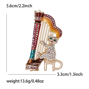 Creative harp cat brooch with gold alloy and colorful enamel rhinestones inlay