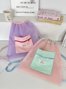 Mesh drawstring backpack set with contrast colors and zip pockets in a trendy style