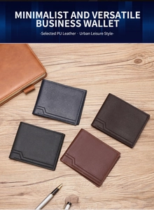 Flat lay of four minimalist PU leather bifold wallets in navy, brown, and black colors