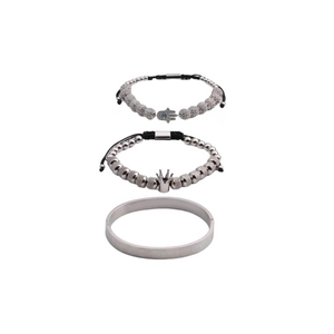 Three-piece silver Hamsa hand and crown beaded bracelet set with Roman numeral bangle