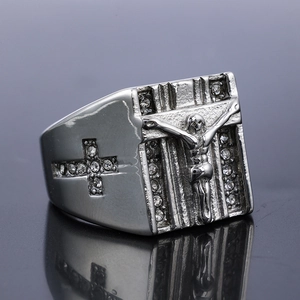 Detailed relief of Jesus on a silver punk ring with sparkling white cubic zirconia