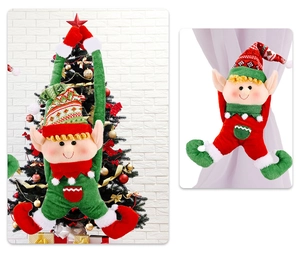 Detailed view of plush Christmas elf dolls used as tree ornaments and curtain tiebacks