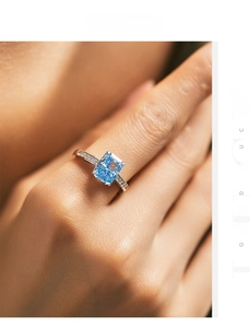 Macro view of a rectangular ice-cut blue zircon set in an s925 silver ring band