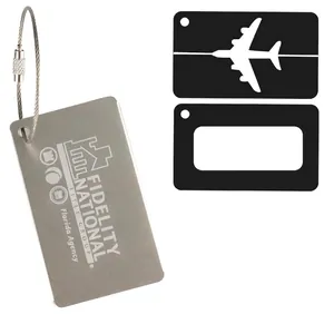 Airplane-shaped metal luggage tag with wire cable and laser-engraved custom logo space