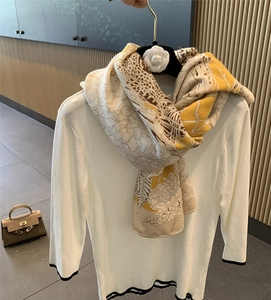 Detail of floral linen square scarf in yellow and beige on a white knit cardigan