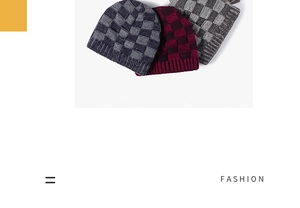 Flat lay of checkered knit beanies in navy blue, burgundy, and grey with fleece lining