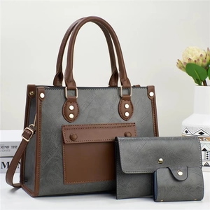 Three-piece retro textured tote bag set with clutch and card holder in dark grey leather