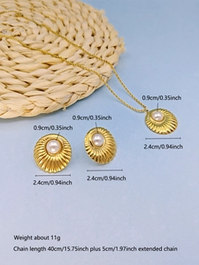Detailed size specifications for gold shell pearl necklace and earring jewelry set