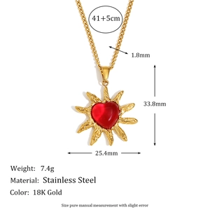 18K Gold plated stainless steel necklace with red heart sun pendant and dimensions