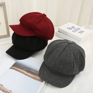 Classic solid color wool blend baker boy cap for women in burgundy black and grey