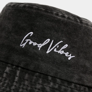 Washed black cotton bucket hat featuring Good Vibes embroidery with high quality stitching