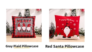 Detail of Christmas gnome pillowcases in red plaid and snowflake patterns for sofa decor