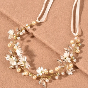 Handmade Bridal Hair Vine Daisy Flower Crystal Artificial Pearl Wedding Headband Ribbon Accessories For Women