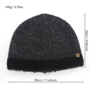 Retro knit bucket hat in dark grey with golden rose charm and warm fuzzy texture