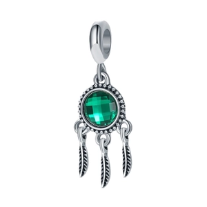 Silver dreamcatcher charm with green gemstone and triple feather pendants for DIY jewelry