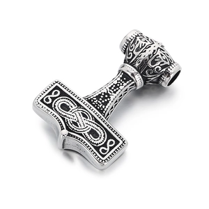 Nordic Viking Mjolnir pendant in punk style with intricate engraved patterns and aged finish