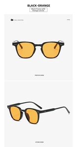 Front and 45-degree side view of vintage black frame sunglasses with orange lenses