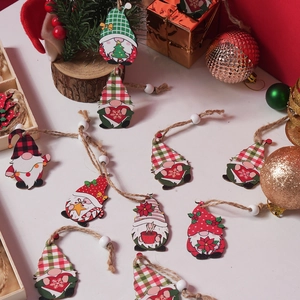 Close-up of wooden Christmas gnomes ornaments with Nordic patterns on a festive backdrop
