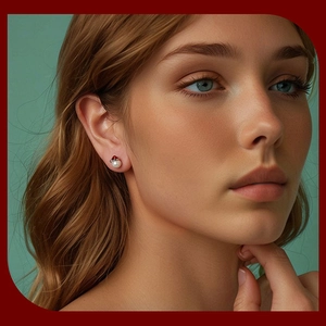 Close-up of a s925 silver earring with white pearl and red mini Christmas hat on model ear