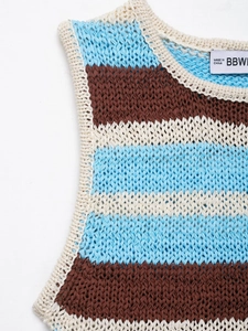 Detailed close-up of blue and white striped knit vest neck with crochet texture