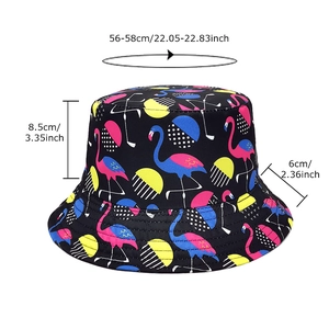 Reversible flamingo bucket hat with size guide showing 56-58cm circumference and 8.5cm depth