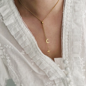 Elegant gold-plated titanium Y-shaped necklace with tassel moon and star pendants for women