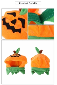 Detailed views of Halloween pumpkin pet hat with adjustable Velcro and soft plush texture