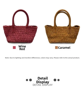 Detail view of woven leather tote bags in burgundy and caramel colors on a plain background