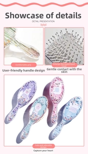 Detail of transparent detangling hairbrush with round-tip bristles and sweet animal prints