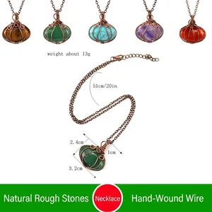 Handmade Wire Wrapped Natural Stone Pumpkin Lantern Pendant Necklace Vintage Copper Jewelry Bohemian For Women