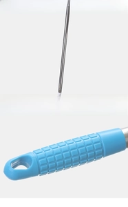 Detail of rust-proof stainless steel pole and ergonomic blue non-slip handle with hook