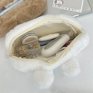 Cute white plush cat-shaped pencil case with large capacity for stationery storage