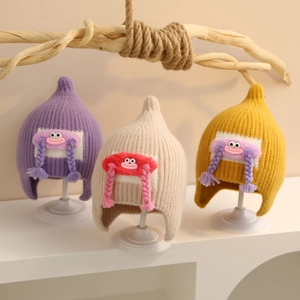 Toddler Baby Knitted Earflap Beanie Hat Warm Winter Acrylic Cartoon Monster Braids Pointed Top For Kids