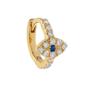 Golden evil eye earrings set with blue zircon center and white crystals on white background