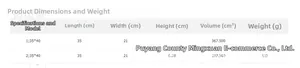 Detailed size chart for canvas tote bag with dimensions 35x21cm and 135g weight