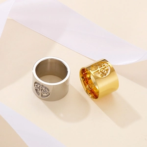Minimalist polished stainless steel wide band tree of life cutout rings in gold and silver