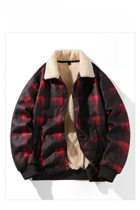 Close-up of red and black plaid jacket with warm sherpa fleece lining and ribbed cuffs