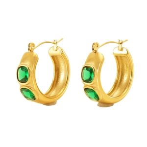 Boucles d'oreilles créoles en acier doré 18k avec cristaux carrés verts rétro