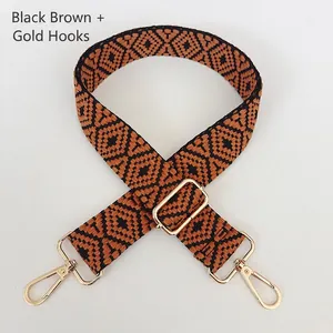 Close-up of thick geometric woven bag strap in black and brown with golden metal hooks