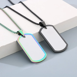 Polished stainless steel dog tag necklaces in black and rainbow colors with sleek metal chains