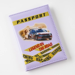 Detailed view of purple rally racing style passport cover with card slots and warning print.