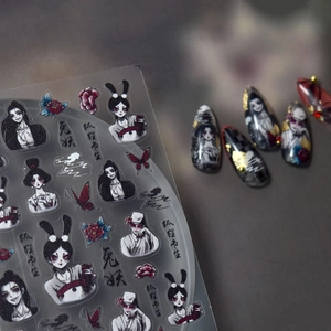 Japanese dark style nail stickers featuring fox scholar, rabbit demon and red butterflies