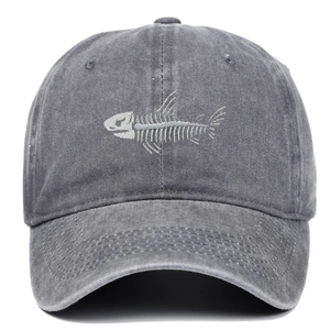 Charcoal grey washed cotton baseball cap featuring white fishbone embroidery on the front