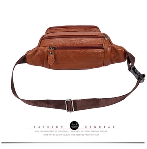 Back view of brown lychee grain leather fanny pack with adjustable strap and buckle