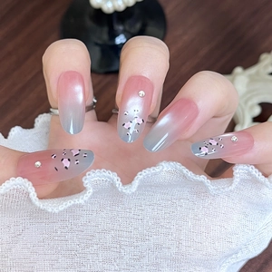 Handmade Pink Grey Gradient Leopard Print Cat Eye Press On Nails Oval Shape Rhinestone Reusable Fashion Fake Nails Women