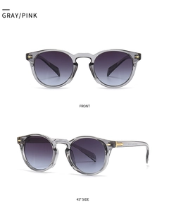 Detail view of retro round sunglasses in transparent gray frame with pink gradient lenses